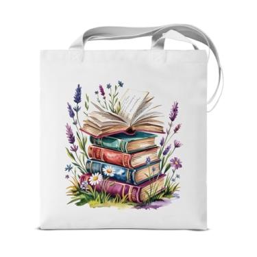 Imagem de KSFFWQIN Sacola de lona floral para mulheres, meninas, flores estéticas, reutilizável, sacola de compras de supermercado, presentes para amantes de livros, professoras e leitoras