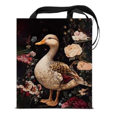 Imagem de KSFFWQIN Bolsa feminina de lona com estampa de pato floral com estampa de pato da academia escura Cottagecore reutilizável para compras, trabalho, viagem, praia, estética