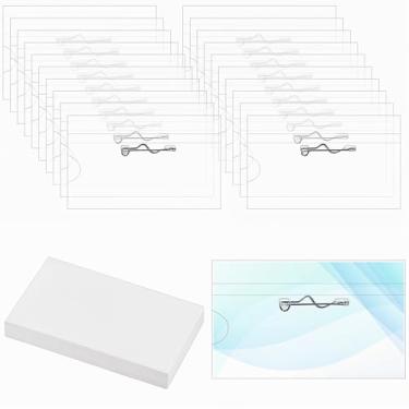 Imagem de 100 peças de suportes de crachá com crachá de nome transparente com 100 inserções de cartão, prendedor de plástico para crachá de nomes, mangas para eventos de exibição de seminários de reunião, 9 x