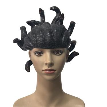 Imagem de Xanmmdylum Máscara de peruca de látex Medusa, máscara de cosplay de monstro de cobra, adereços de látex de baile de máscaras de Halloween, mulheres (preto)
