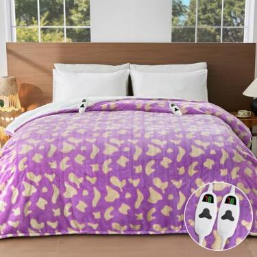 Imagem de Cobertor elétrico aquecido com estampa de leopardo, tamanho Queen, 203 x 239 cm, roxo, com controle duplo e temporizador e 10 níveis de calor, cobertores fofos de lã de ovelha de leopardo, presentes