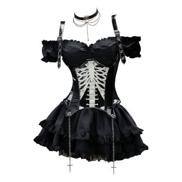 Imagem de Conjunto de saia de espartilho gótico MEOWCOS conjunto de fantasia gótica preta com espartilho de esqueleto e saia em camadas com luvas, Preto, P