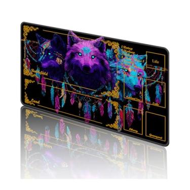 Imagem de TOEMZTFT Playmat for MTG, with Free Storage Bags,Game Mat 24 x 14 inches, TCG and Board Game Mat for Cards,Mousepad Desk Mats，Neon Wolf Dreamcatcher