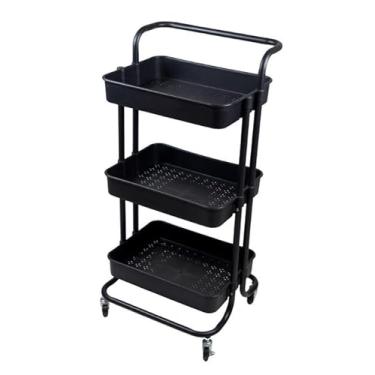 Imagem de Carrinho Organizador com 3 Níveis, Aço Carbono e Plástico, 42x35x86cm, Rodízios Giratórios, Multiuso para Cozinha, Banheiro e Escritório (Preto)