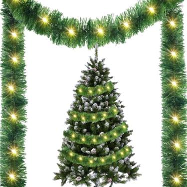 Imagem de Shakven Luz LED de guirlanda de Natal, Luz LED de guirlanda de árvore de Natal - Ornamentos de flâmulas verdes, guirlanda de ouropel de 49,21 pés | Decoração de Natal torcida com tiras de luz Tiras de