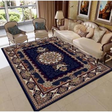 Imagem de Tapete Indiano B160 em Veludo 3D, 200x240cm, Fundo Areia com Detalhes Azul e Bordo, Antiderrapante, para Sala de Estar