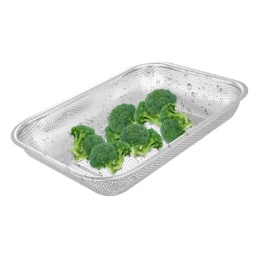 Imagem de COOLHIYA Cesta de drenagem de aço inoxidável engrossada cesta de armazenamento de cozinha multiuso para lavagem de frutas, legumes e arroz peneira retangular prata para uso doméstico