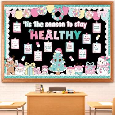 Imagem de Funrous Conjunto de decorações de quadro de avisos de Natal, decoração de sala de aula, escola, enfermeira, inverno, quadro de avisos, hábitos saudáveis, recortes de papel para parede, pastel, retrô