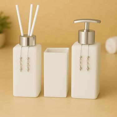 Imagem de Kit Lavabo Banheiro Luxo Square com Difusor, Sabonete Líquido e Porta Escova de Vidro(Branco Total C/Prata)