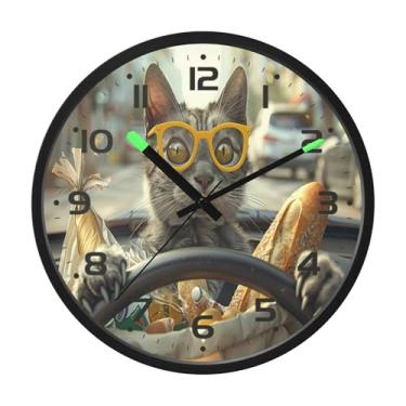 Imagem de SEHANY Relógio de parede engraçado para dirigir gato, silencioso, sem tique-taque, operado por bateria, controle de som, luz noturna, relógios de parede para sala de estar, cozinha, quarto, escritório
