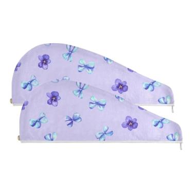 Imagem de SEHANY Lindo laço roxo microfibra toalha de cabelo para mulheres 2 peças turbantes de cabelo de secagem rápida com botão, touca de cabelo seco absorvente toalha de secagem de cabelo para cabelos