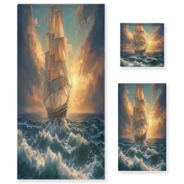 Imagem de Blueangle Conjunto de toalhas de pintura a óleo de navio à vela - 3 peças de toalhas de banheiro absorventes macias para spa e decoração de casa (inclui banho, toalha de mão e toalha) #157