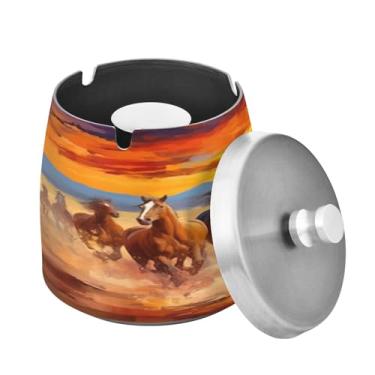 Imagem de Blueangle Cinzeiro vermelho laranja marrom cavalos com tampa para cigarros, à prova de vento/à prova de chuva, aço inoxidável, sem fumaça, inodoro, cinzeiro para uso interno ou externo (509)