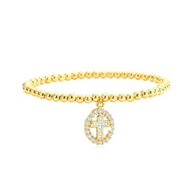 Imagem de Embtrem Pulseiras femininas com contas douradas ajustáveis e cruzadas com pingente de amizade, aniversário, joias religiosas, cristãs, presentes para Natal, aniversário, Large, Metal, Sem Pedra