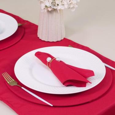 Imagem de Kit Mesa Posta 7 Peças, Vermelho, Poliéster, Sousplat MDF 35cm, Trilho 130x40cm, Guardanapos 35x35cm, Anel de Pérola Dupla, Decoração para 2 Lugares