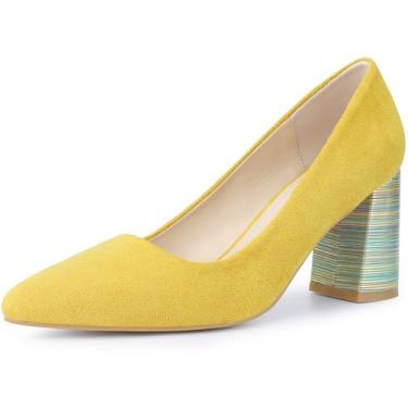 Imagem de Allegra K Sapato social feminino bico fino sem cadarço estampado xadrez bico fechado salto grosso, Amarelo, 35
