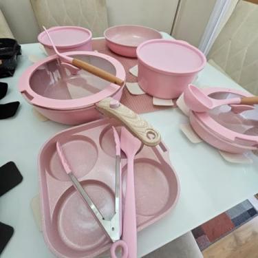 Imagem de Jogo Panelas Antiaderente Com 21 Peças Cabo Removível com Revestimento Cerâmico Premium, Indução Removível, Elétrico, Inclui Frigideiras Próprias para Forno, Tampas de Vidro Temperado Rosa