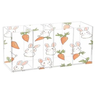 Imagem de CEBUGI Porta-lápis de acrílico com 4 compartimentos, organizador de lápis transparente com desenho animado de coelhos, suporte de pincel de maquiagem para escritório em casa