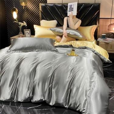 Imagem de XLCZMYL Jogo de cama de seda de rayon sólido com capa de edredom fronhas de luxo king casal solteiro cetim fronha, cinza, camelo, tamanho solteiro 3 peças