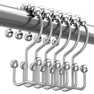 Imagem de Anéis de ganchos de cortina de chuveiro, anéis de metal resistente à ferrugem, ganchos de chuveiro deslizantes duplos para cortinas de varões de chuveiro de banheiro, conjunto de 6 ganchos (cromado)