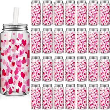 Imagem de Dingion 24 peças de copos de plástico de coração de dia dos namorados com tampas e canudos, copo de plástico reutilizável romântico de 382 g, copos de bebida com tema de amor transparente para festa