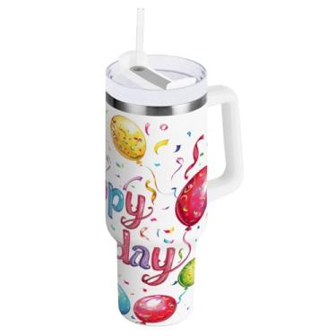 Imagem de Kigai Copo de balão de feliz aniversário de 1,134 g com tampa e canudo, copo isolado de aço inoxidável durável à prova de vazamento com alça, garrafas de água à prova de derramamento para viagens