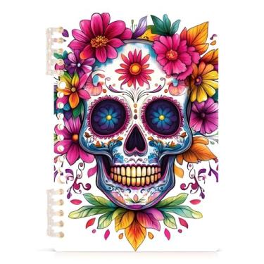 Imagem de Burbuja Caderno de flores coloridas de caveira em aquarela, papel pautado universitário A5 com 60 folhas, caderno de anotações para diário, trabalho, escritório, 1 pacote