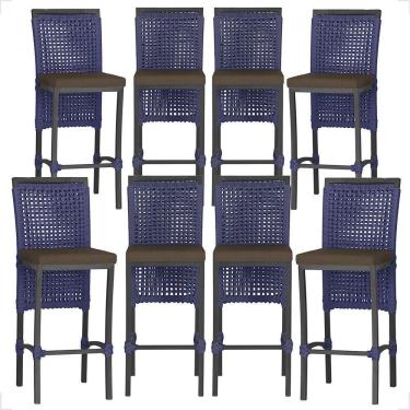 Imagem de 8 Banquetas Em Alumínio Roma Preta Corda Náutica Tecido 9 Azul