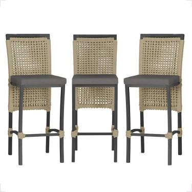 Imagem de 3 Banqueta Em Alumínio Roma Preta Corda Náutica Tecido 11 Rami