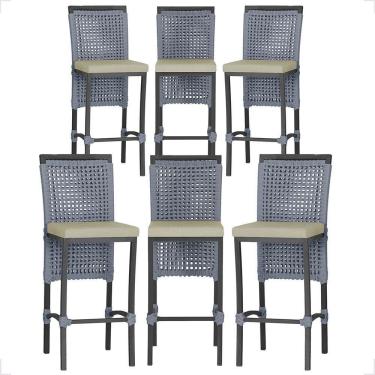 Imagem de 6 Banqueta Em Alumínio Roma Preta Corda Náutica Tecido 7 Prata