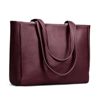 Imagem de befen Bolsa de couro genuíno para trabalho feminino, bolsas de ombro femininas com compartimento de 39,6 cm e suporte para copo de água, vermelho vinho