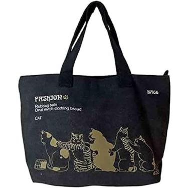 Imagem de Bolsa de ombro lona feminina com grande capacidade tote casual para trajeto diário compras animação em desenho animado praia