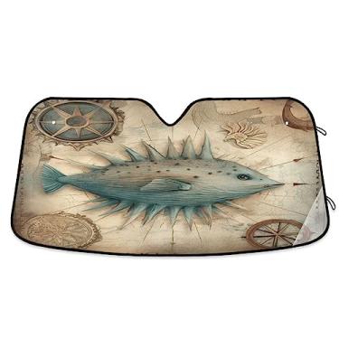 Imagem de Viseiras de sol vintage envelhecidas para carro de peixe-balão para pára-brisa, proteção UV dobrável janela de carro, para-sol, para caminhão, carro, SUV, acessórios de carro