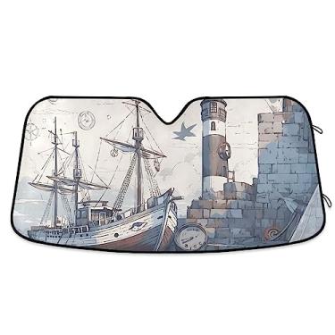 Imagem de Guarda-sol azul branco vermelho tema náutico para janela de carro, para-sol de janela de carro, capa de para-brisa para sol