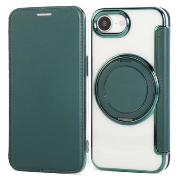 Imagem de Capa carteira para iPhone 16e com 3 compartimentos para cartão, bloqueio RFID, suporte de anel giratório de 360° e compatibilidade magnética, capa traseira transparente à prova de choque, suporta