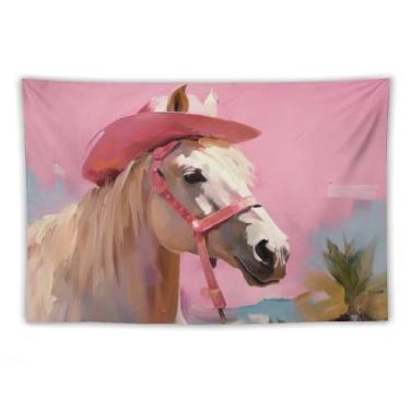 Imagem de Cavalo branco em chapéu de cowboy rosa tapeçaria de parede peculiar decoração animal de fazenda arte de fundo pastel para sala de estar quarto dormitório rústico país pendurado acento brincalhão