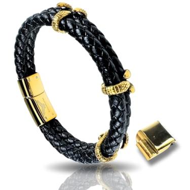 Imagem de RogueRaven Pulseira masculina de couro preto Premium I | Couro trançado genuíno: designs de corrente simples, dupla, empilhada e de aço inoxidável | Pulseira masculina de couro genuíno com fecho de
