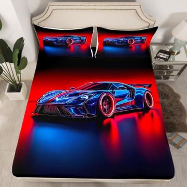 Imagem de Erosebridal Jogo de lençol solteiro solteiro com carro de corrida, carro de corrida, 3D, vermelho, azul, carros esportivos, carros de corrida, lençol com elástico, lençol com elástico