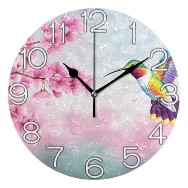 Imagem de GAIGEO Relógio de parede analógico decorativo de pássaro de desenho animado rosa floral relógio de cozinha funciona a bateria silencioso, decoração de parede moderna para sala de estar, 25 cm