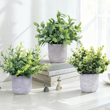 Imagem de HAOBAOBEI Pacote com 3 plantas falsas em vasos, pequenas plantas artificiais de eucalipto para prateleira, mesa, banheiro, casa de fazenda, sala de café, decoração (verde sálvia)