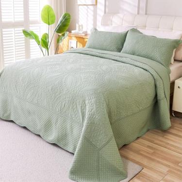 Imagem de Colcha 100% algodão California King Size Colcha verde sálvia 289 cm x 259 cm - Conjunto de cama com estampa de moeda, 3 peças, colcha de microfibra leve pré-lavada, adequada para cama, sofá, cobertor