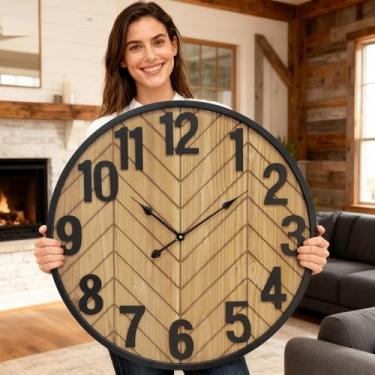 Imagem de JUMBO HUMBLE Relógio de parede grande de 76 cm, relógio de parede de fazenda de madeira grande com moldura de metal preto, operado por bateria, relógios de parede silenciosos sem tique-taque para sala