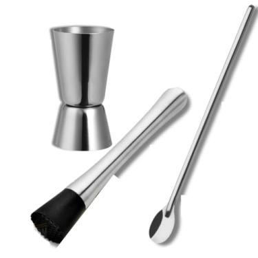 Imagem de Kit Bar Profissional Inox – Dosador Duplo + Socador de Bebidas + Colher Bailarina | Drinks Perfeitos em Casa - Kit coqueteleira(3pçs - Dosador+Socador+ColherB)