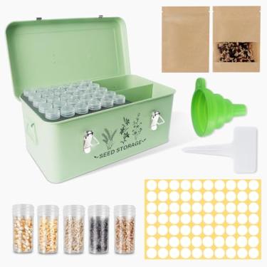 Imagem de Organizador de caixa de armazenamento de sementes - kit de recipiente de armazenamento de sementes de jardim de metal com 60 frascos, 30 envelopes, 20 etiquetas de plantas, funil e etiquetas - Banco