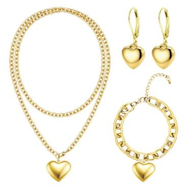 Imagem de Zobnexts Conjunto de joias de coração dourado para mulheres, hipoalergênico, amor, coração, pendurado, brincos com fecho de alavanca, pingente de coração volumoso, corrente em camadas, colares