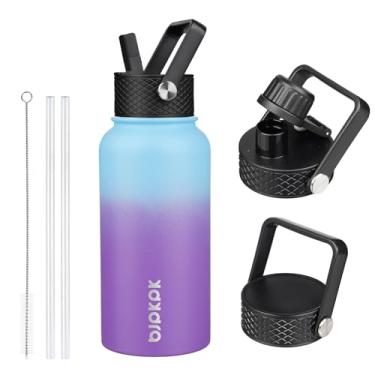 Imagem de BJPKPK Garrafas de água isoladas com tampa de palha, garrafa de água de aço inoxidável de 765 ml com 3 tampas, caneca térmica de metal à prova de vazamento livre de BPA, garrafa de água esportiva Keep