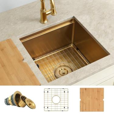 Imagem de Lonsince Barra de ouro submontada, barra pequena e pias de preparação, pia de barra de aço inoxidável calibre 16 com estação de trabalho para área de bar molhado (45,7 cm x 45,7 cm)