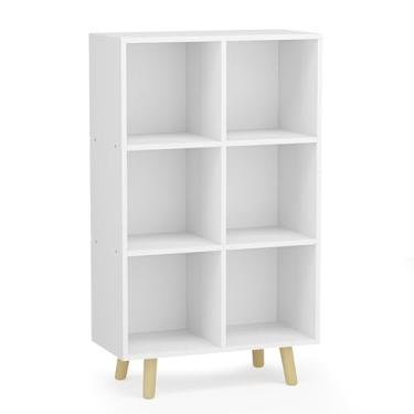 Imagem de ELYUP Estante aberta de 6 cubos – Estante de madeira de 3 andares com pernas e painel traseiro, para caixas de armazenamento de tecido de 28 cm e organizador diversos, branca