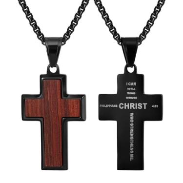 Imagem de Rofusn Colar de cruz de crucifixo de madeira para homens: joias com pingente de madeira cristã religiosa de aço inoxidável preto, filipenses 4:13, versículo da Bíblia