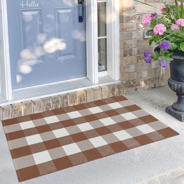 Imagem de KILOCOCO Tapete xadrez Buffalo – Tapete de porta frontal de 70 x 100 cm para ambientes externos, tapete marrom ao ar livre, tapete de varanda frontal lavável de algodão em camadas para varanda da frente/fazenda/entrada